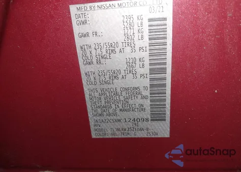 2021 Nissan Murano Sl Intelligent Awd z USA, uszkodzony, nr VIN 5N1AZ2CSXMC124098